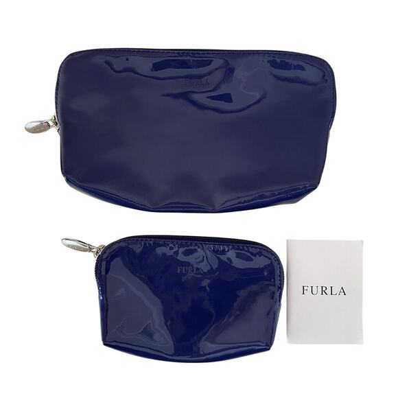 Furla Patent Leather Cosmetic Bag Set of 2 Zipper Small Deep Blue - Picture 1 of 14
